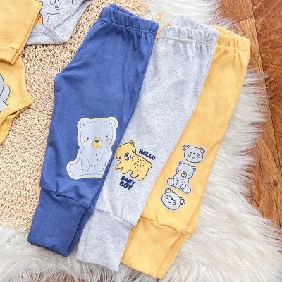  Kit 6 Peças - Hello Baby Boy - Azul Jeans, Mescla e Mostarda